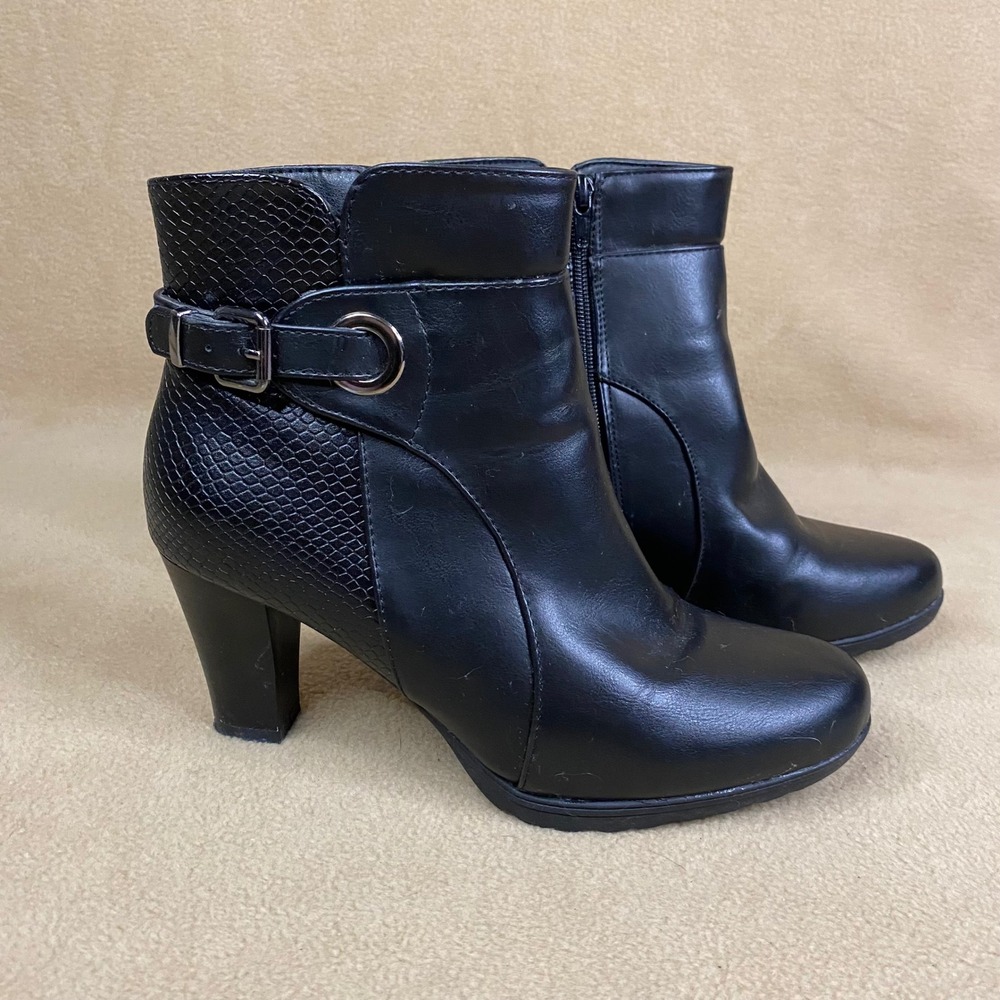 Black Faux Leather Ankle Boots Snake Print Buckle Chunky Heel Zip Women's Sz 9
